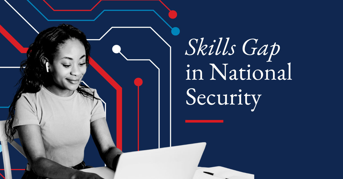 Skills Gap in National Security, black and white photo of student at their laptop against a red, white and blue computer circuit