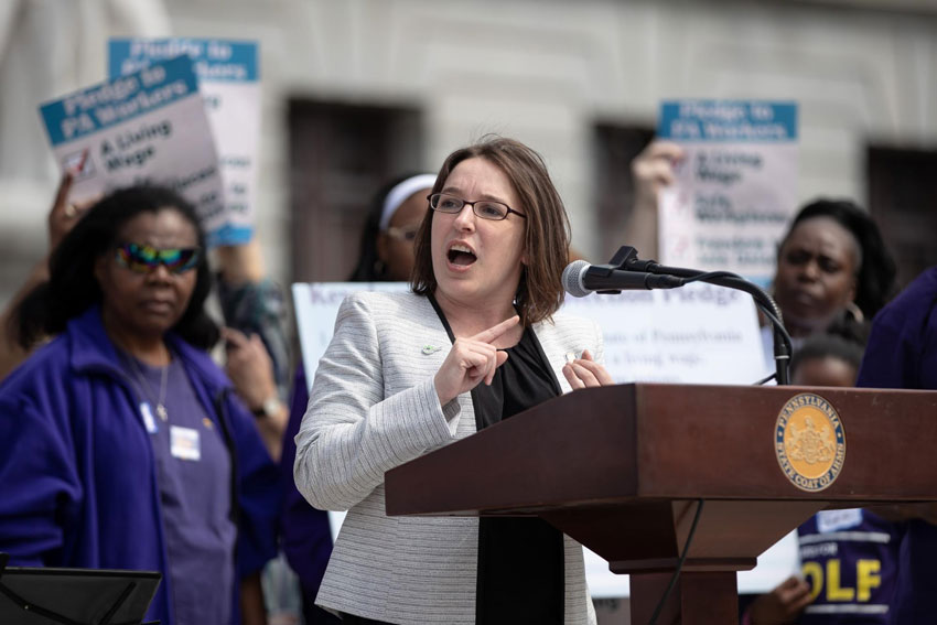 TWC alumni Lindsey Williams at an SEIU Workers Rights Rally in Harrisburg, April 2019.