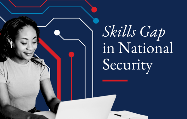 Skills Gap in National Security, black and white photo of student at their laptop against a red, white and blue computer circuit
