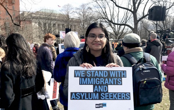 Sara Ahmed at a immigrant rights protest at Lafayette Square.