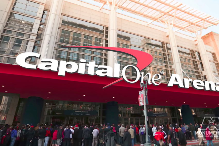 Fans gather outside the Capital One Arena in DC's Chinatown neighborhood