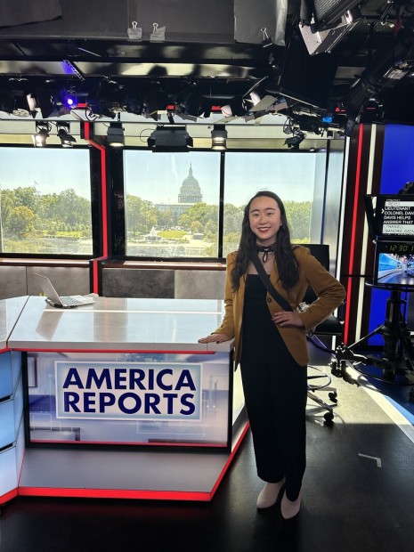 Stephanie Samsel at the America Reports news desk at the Heritage Foundation