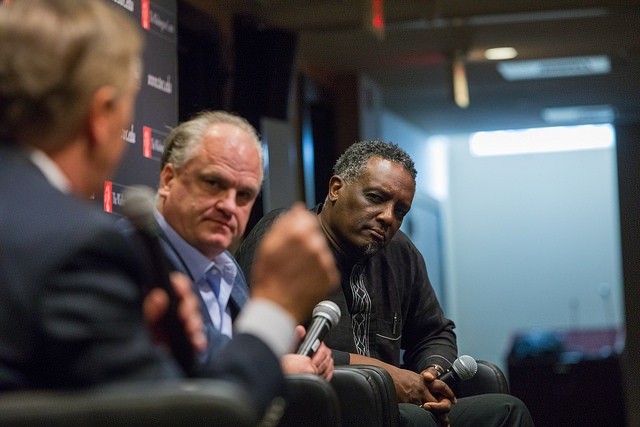 Douglas Blackmon and Greg Carr listen to a question from Steve Scully. Douglas Blackmon and Greg Carr listen to a question from Steve Scully.