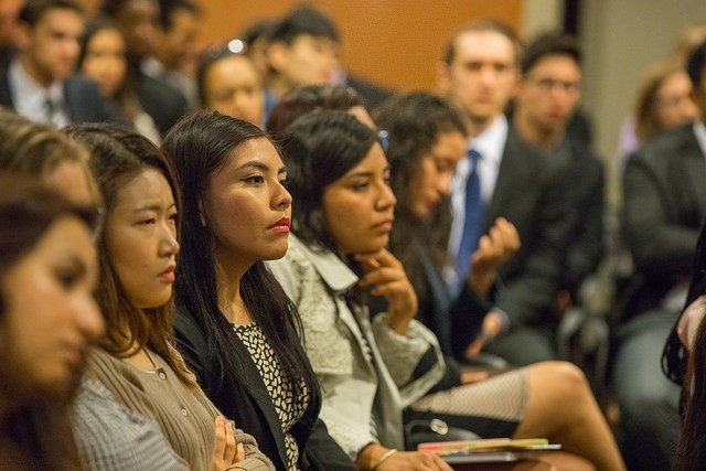 Students of The Washington Center listen intently to Douglas Blackmon, Greg Carr and Steve Scully.