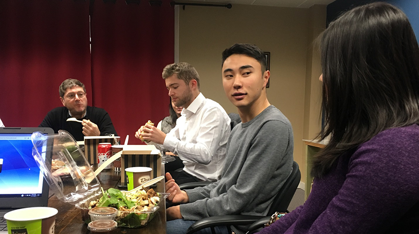Richard Burg (left), founder of Kerb Technologies, chats with interns over lunch at 1776. Richard Kerb
