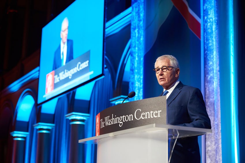 Former Secretary of Defense Chuck Hagel accepting the Lifetime Achievement Award.