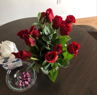 Some beautiful flowers and Valentine’s chocolate to decorate our apartment for the holiday. 