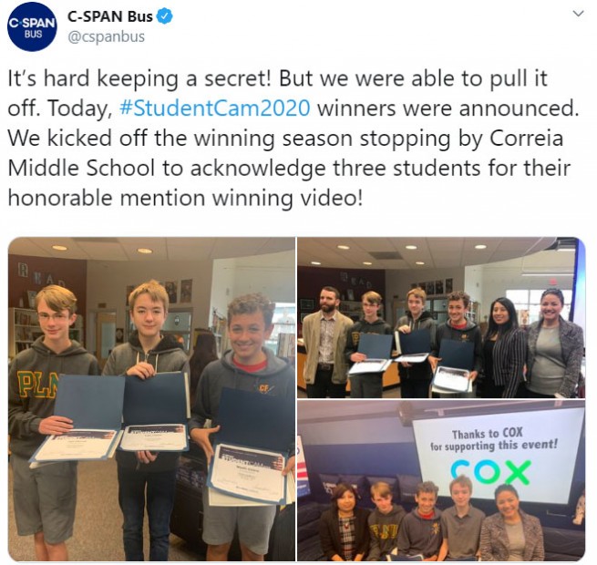 Announcing the winners of C-SPAN's StudentCam documentary competition.